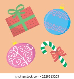 christmas set of vector elements includes glass balls, gift, christmas candy