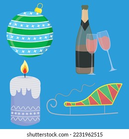 christmas set of vector elements includes glass toy, sparkling wine and glasses, candle, sleigh