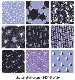 Christmas set of vector hand drawn seamless patterns with deer,  christmas tree, snowflakes, triangle, polka dot. New Year and Merry Christmas set 
