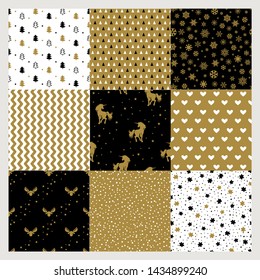 Christmas set vector hand drawn seamless pattern with unicorn, Christmas tree, snowflakes, triangle,stars, polka dots. Christmas and new year set