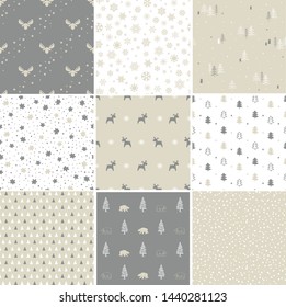 Christmas set of vector hand drawn seamless patterns with deer,  christmas tree, snowflakes, triangle, polka dot. New Year and Merry Christmas set 