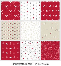 Christmas set of vector hand drawn seamless patterns with deer,  christmas tree, snowflakes, triangle, polka dot. New Year and Merry Christmas set 