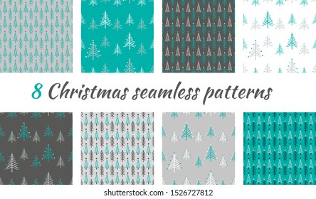 Christmas set of vector hand drawn seamless patterns with christmas tree and stars in turquoise, gray and white colors. Christmas and New Year for scrapbooking, greetings, invitations, cards. 8 pieces