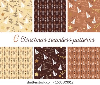 Christmas set of vector hand drawn seamless patterns with christmas tree and stars in turquoise, gray and white colors. Christmas and New Year for scrapbooking, greetings, invitations, cards.