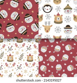 Christmas set of vector hand drawn seamless patterns with deer, snowman, santa, christmas tree, snowflakes. New Year and Merry Christmas set on kraft paper background in cute style.