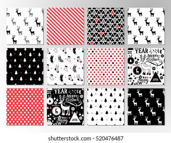 Christmas set of vector hand drawn seamless patterns with deer, santa, christmas tree, snowflakes, triangle, polka dot. New Year and Merry Christmas set of backgrounds in hipster style.