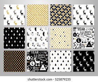 Christmas set of vector hand drawn seamless patterns with deer, santa, christmas tree, snowflakes, triangle, polka dot. New Year set of backgrounds in hipster style.