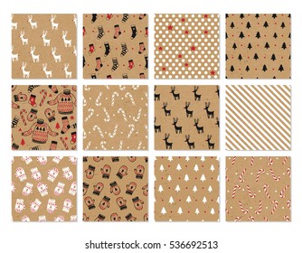 Christmas set of vector hand drawn seamless patterns with deer, santa, christmas tree, snowflakes, triangle, polka dot. New Year set on kraft paper background in hipster style.