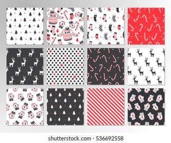 Christmas set of vector hand drawn seamless patterns with deer, santa, christmas tree, snowflakes, triangle, polka dot. New Year set of backgrounds in hipster style.