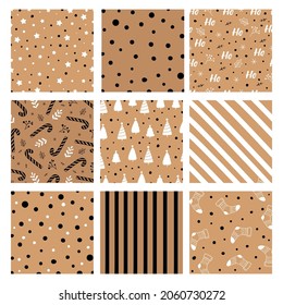 Christmas set of vector handmade seamless patterns. New Year and Merry Christmas on the background of kraft paper