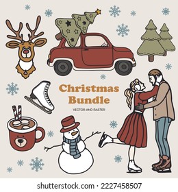Christmas set vector illustration. Christmas bundle of stickers, logo, tattoo, print, etc.