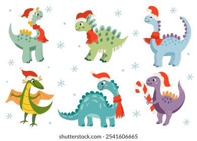 Christmas set of vector illustration of a cute little dinosaurs in a flat style. Friendly and playful design is ideal for Xmas greeting cards, party invitations