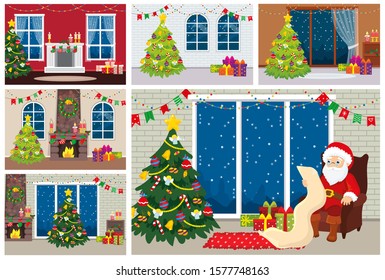 Christmas set of vector illustration design of rooms with Christmas tree