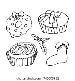 Christmas set vector illustration. Doodle style. Design, print, logo, decor, textile, paper.