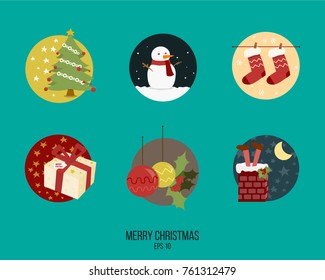 Christmas set, Vector illustration elements - New Year tree, Snowman, Christmas socks, gift, toys and Santa Claus in the chimney. Used for banners, greeting cards, gifts, etc. Happy New Year 2018