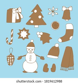 Christmas set, vector illustration, gift box, Christmas tree, snowflake, bell, candy cane, sock, Holly, snowman, cone, hat, mittens, scarf, hand drawing, white and brown color