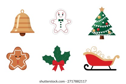 Conjunto de Natal Ilustração Vetorial, com Pão de Gengibre, Árvore, Sino, Sleigh, 