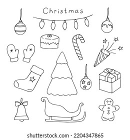 Ilustración vectorial de conjuntos de Navidad, doodles de dibujo manual