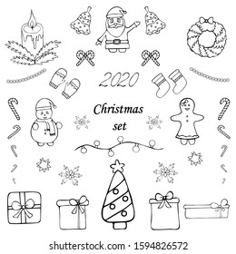 Christmas set. Vector illustration. Outline on an isolated background. Doodle style. Sketch. Coloring book for children. Christmas. New Year. Collection of holiday prints. Christmas decorative element