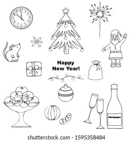 Christmas set. Vector illustration. Outline on an isolated background. Doodle style. Sketch. Coloring book for children. Christmas. New Year. Collection of holiday prints. Christmas decorative element