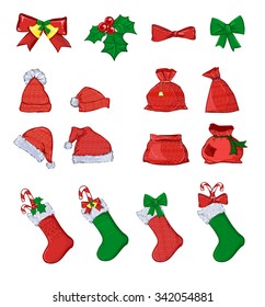 Christmas set vector illustration. Red Santa's boot. red santa hats. Santa Claus red bag