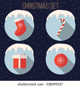 christmas set vector illustration red white snow present socks ball attributes gift candy 