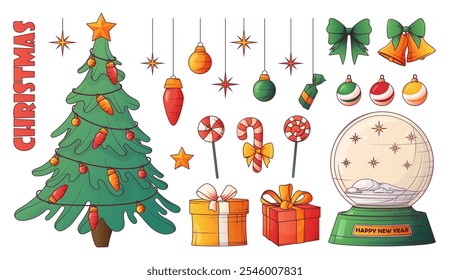 Christmas set of vector illustration of tree, decorations, presents, bows, sweets. For decorating card, poster, banner. Merry Christmas, New Year concept.
