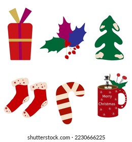 Christmas set. Vector illustrations. Merry Christmas.Christmas objects collection:coffee cup, Christmas tree, berry, sock.