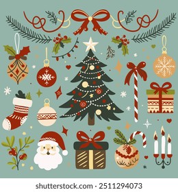 Christmas set of vector isolated elements on blue background. Vector illustration of Christmas items