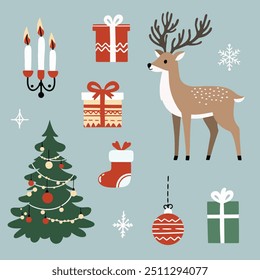 Christmas set of vector isolated elements on blue background. Vector illustration of Christmas items