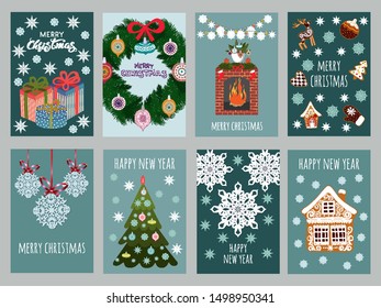 Christmas set of vector postcard. Happy New year and december winter holidays cards. Invitation for Christmas party, poster or greeting card.