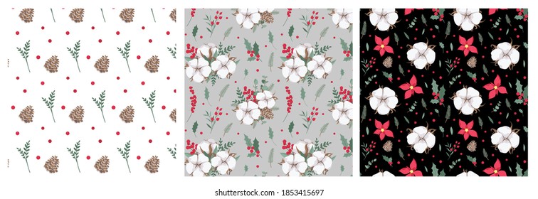Christmas set of vector seamless patterns with winter plants and berries. New Year and Merry Christmas set of endless textures for postcards, scrapbooking, wrapping paper, wallpaper, fabrics, textile.