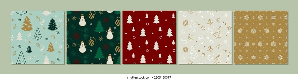 Christmas set of vector seamless patterns with stars, gingerbread man, christmas tree, snowflakes, snowman, toys. New Year's set of backgrounds in a bright style.
