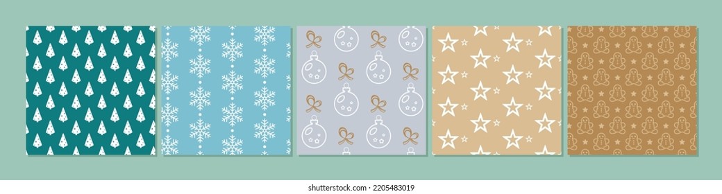 Christmas set of vector seamless patterns with stars, gingerbread man, christmas tree, snowflakes, toys. New Year's set of backgrounds with repeating silhouettes.