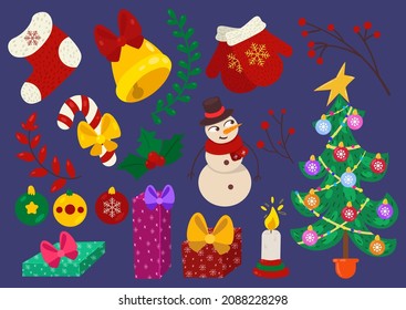 christmas set vector of snowman christmas tree decoration bell candy
