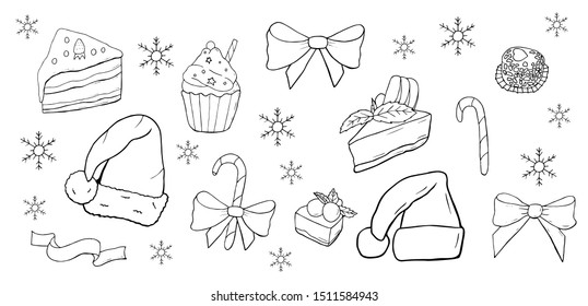 christmas set vector that consists of desserts, Santa hat and bow with caramel cane and snowflakes. 