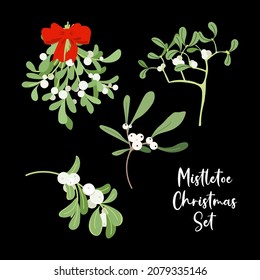 Vector conjunto de Navidad con Viscum, ramas de mistletoe con arco rojo, aislado en el fondo oscuro. Colección de objetos de vacaciones de invierno. Feliz año nuevo. Ilustración de Navidad.