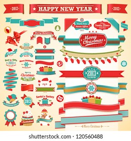 Christmas set - vintage ribbons, labels and other decorative elements. Vector illustration.