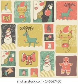 Christmas set in vintage style. Cartoon new year cards and wallpapers in childish style. Cat, snowman, deer, cookie, girl and other holiday design elements in vector