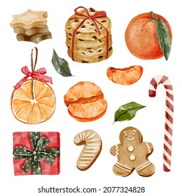 Christmas set watercolor illustration with christmas elements on white background