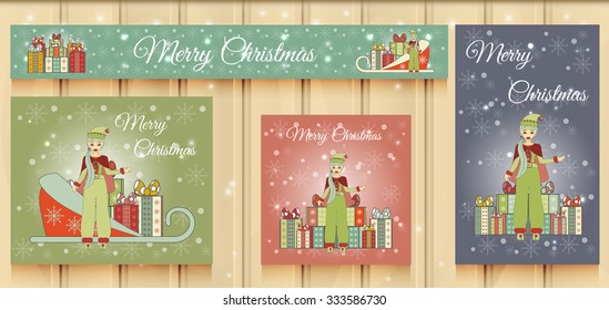 Christmas Set of Web Banners. Cute Santa Helper. Vector illustration.