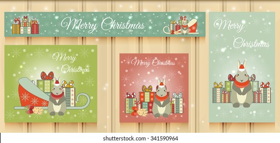Christmas Set of Web Banners. Cute Christmas Little Bunny. Vector illustration.