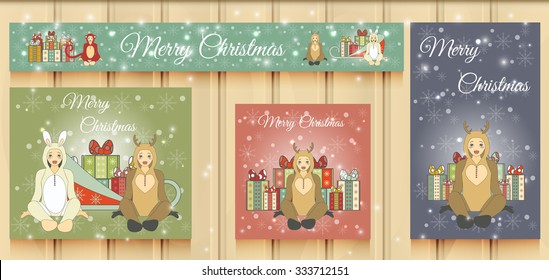Christmas Set of Web Banners. Happy New Year. Vector illustration of a cute kids in suits. Happy New Year.