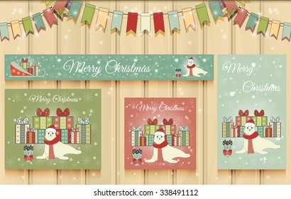 Christmas Set of Web Banners. Happy New Year. Vector Illustration of a cute Harp seal with a personal Christmas gift. 