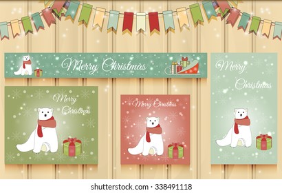 Christmas Set of Web Banners. Happy New Year. Vector Illustration of a cute polar bear with a personal Christmas gift. 