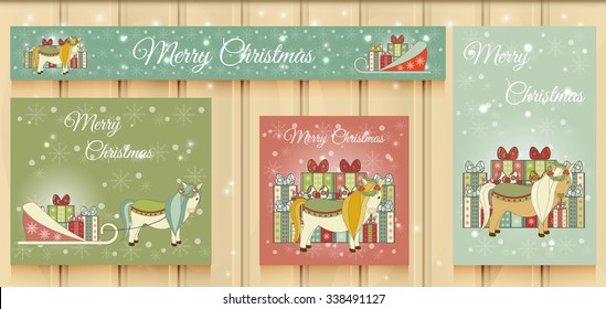 Christmas Set of Web Banners. Happy New Year. Vector Illustration of a cute little pony.
