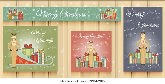 Christmas Set of Web Banners. Vector illustration of a cute girl in suit of a deer. Happy New Year.