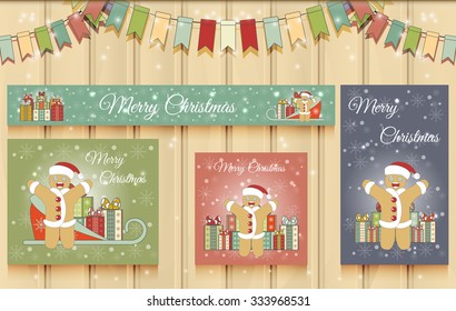 Christmas Set of Web Banners. Vector Illustration of a Gingerbread man. Merry Christmas.