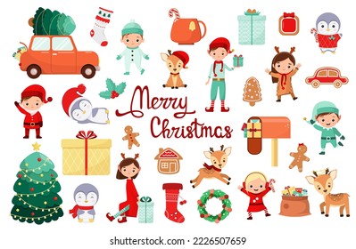A Christmas set with a white background. Cartoon design.
