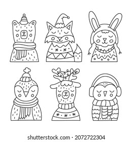 Christmas set of winter animals in cute clothes. Ideal for coloring books, stamps, invitations and others. Doodle style. Outline and red color. Vector illustration.